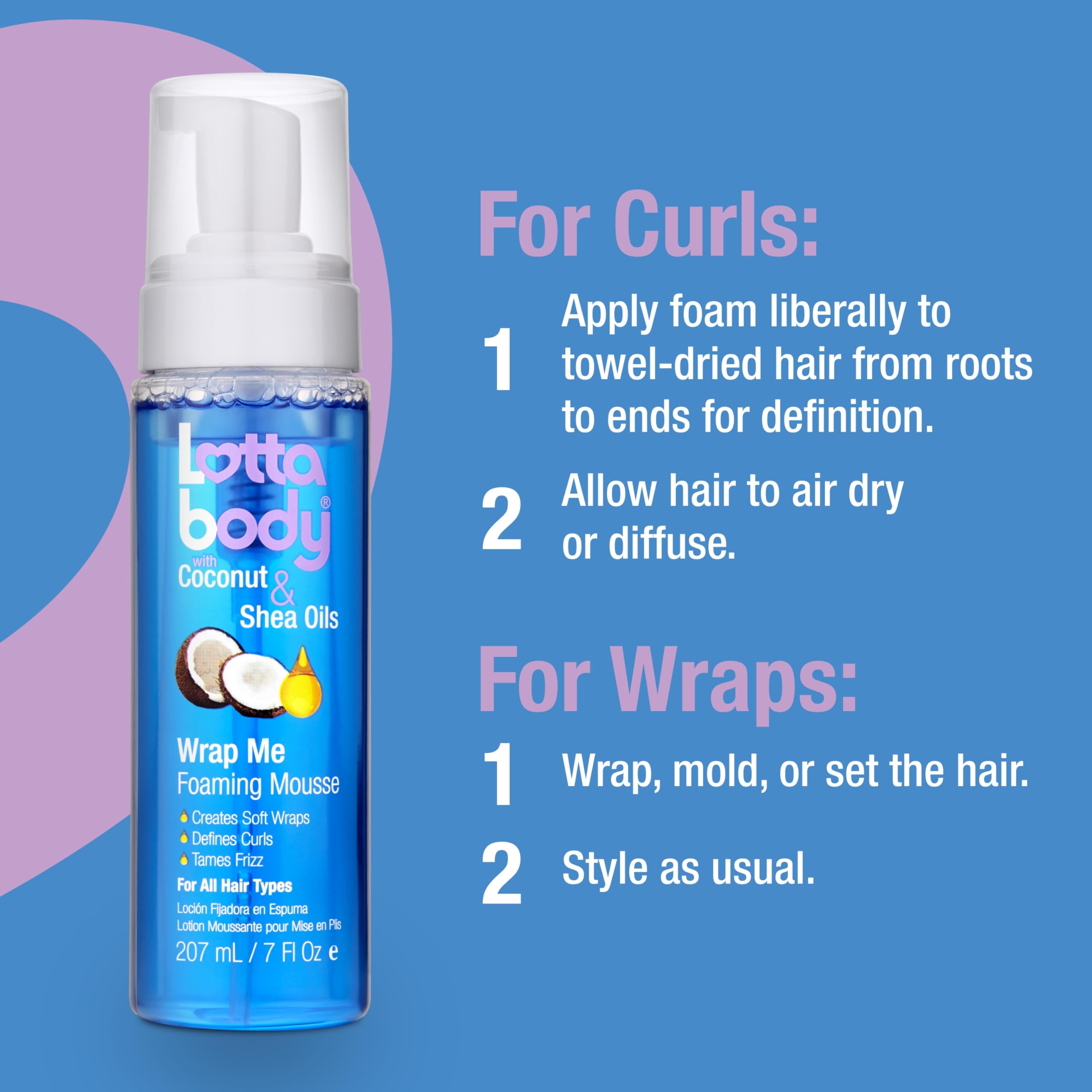 Lottabody Coconut Oil and Shea Wrap Me Foaming Curl Mousse , Creates Soft Wraps, Hair Mousse for Curly Hair, Defines Curls, Anti Frizz, 7 Fl Oz